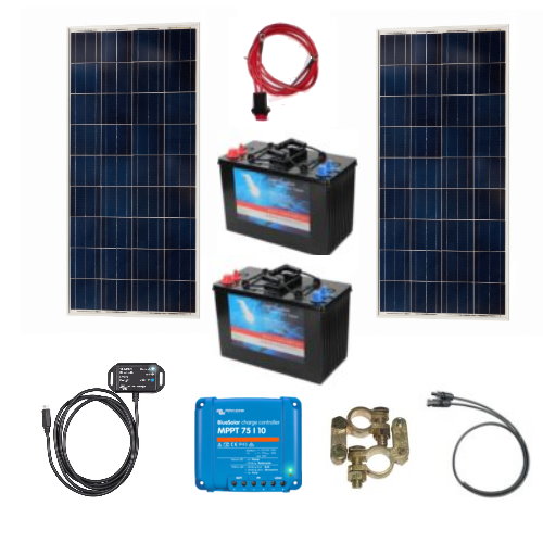 Solcelleanlæg grundpakke 230Wp/12V, MPPT, MED 230Ah batteri