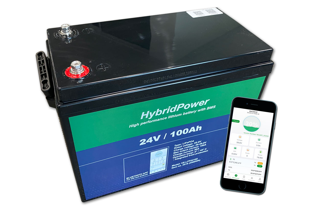 100Ah 24V LiFePO4 batteri m. BMS, frostsikring, bluetooth